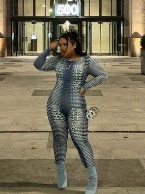 Blue, black & white patterned long sleeve jumpsuit